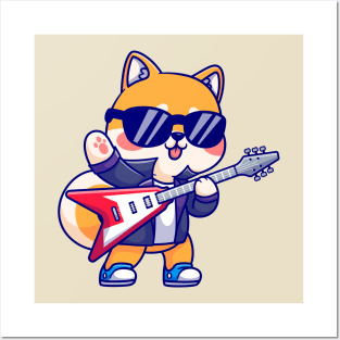 Cute Shiba Inu Playing Electric Guitar Cartoon Posters and Art